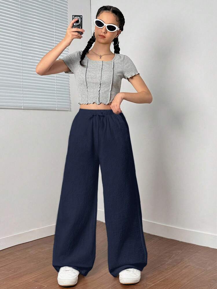 SHEIN 少女纯色梭织宽松抽绳阔腿裤 - 藏蓝色 - 查看 5