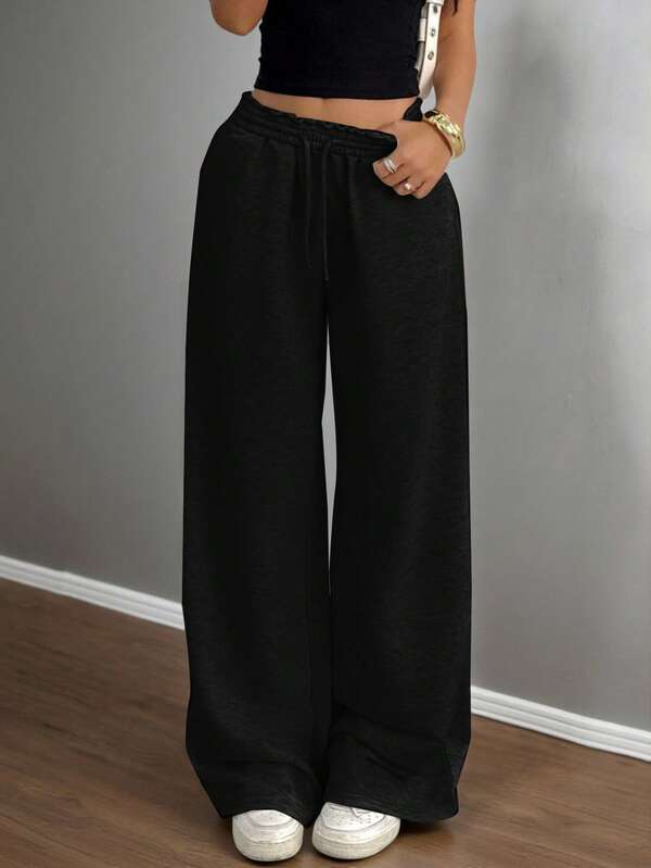 Teen Girls Casual Elastic Waist Wide Leg Sweatpants, Versatile For Spring, Summer, Autumn & Winter Black Sweatpants Loose Sweatpants Baggy Sweatpants Comfy Pants Loose Pants Baggy Pants Fall