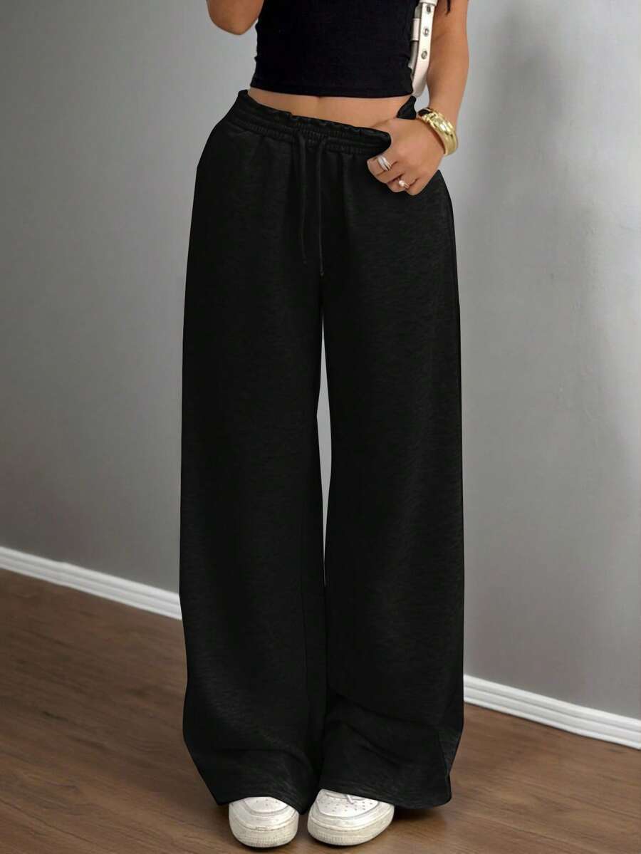 SHEIN 青少年女孩休闲松紧腰阔腿运动裤，适合春、夏、秋、冬 - 黑色 - 查看 1