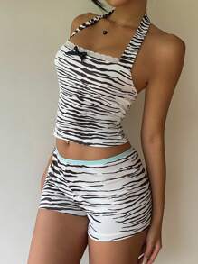 SHEIN EZwear Women's Elastic Waist Zebra Print Fashion Shorts - Multicolor - View 3