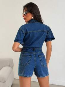 EURMUSE Women's Summer Short Sleeve Single Breasted Pocket Casual Denim Jumpsuit - Medium Wash - View 2