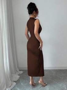 Rafferiza Elegant Sleeveless Navy Blue Deep V-Neck Draped Hem Slit Dress For Women, Spring/Summer - Mocha Brown - View 2