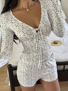 SHEIN EZwear Fall Women Clothes Polka Dot Print Cute Clothes  Simple Fashion Tie-Front Long Sleeve Top And Shorts Casual 2 Pieces Set - White - View 6