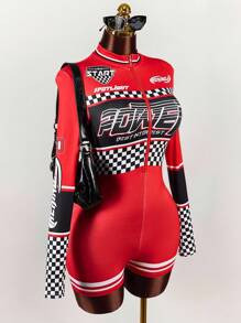 Amplova Y2k Carnival Costume Jumpsuit With Motorcycle Graphic And Stand-Up Collar - Black - View 1