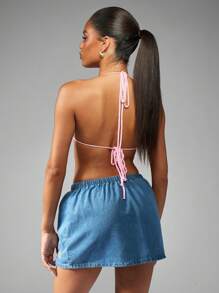 MISSGUIDED Embroidered Denim Mini Skirt Y2K Aesthetic Floral Design Elastic Waist Flared Beach Festival Summer Holiday Pull On Lightweight Casual Daisy Embellished Skater Style - Blue - View 2