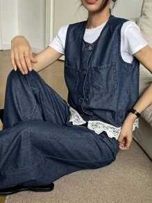 DAZY 女士优雅蕾丝拼布圆领背心和阔腿牛仔裤两件套 - 深色水洗藍 - 查看 3