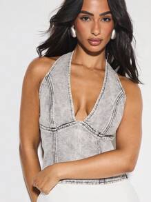 KIZN Débardeur en jean corset ajusté avec lavage acide, style Y2K, pour festivals d'été, soirées en club, streetwear rétro - Gris - Voir 5