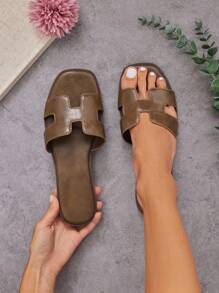 SHUZIA 奢华设计女士优质油面 PU 橄榄色 H 型带拖鞋 - 奢华舒适街头服饰，游艇俱乐部必备 - 橄欖綠 - 查看 3