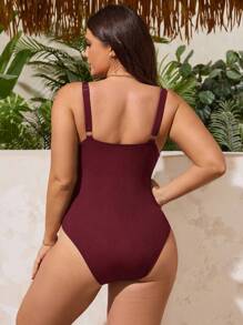 Swim Lushoire Plus Size Women One-Piece Swimsuit With Ruched Butterfly Accent Waist, Casual Vacation For Summer - Burgundy - View 2