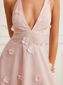 Aveloria Rosie Sweet Pink Mesh Halter Tie Long Dress With 3D Floral Beaded Embellishment, Backless Sexy Sleeveless Dress - Multicolor - View 7