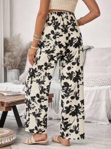 SHEIN Women Maternity Casual High Waist Plant Printed Pants, Autumn - Khaki - View 2