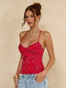 SHEIN BAE 纯粉色提花纹理女士夏季吊带背心，度假露脐上衣，提花上衣，性感上衣 - 紅色 - 查看 4