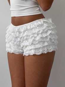 Aloruh Women's Fashion Color Contrast Lace Trim Mesh Multilayer Ruffle Edge Cake Shaped Super Short Shorts, Music Festival, Spring/Summer,For Daily,Office,Outgoing - White - View 7