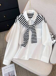 SHEIN Camisa suelta de manga larga de moda casual diaria con estampado de rayas y chal de 2 en 1 para adolescentes, adecuada para primavera, otoño e invierno, versión coreana, con cuello marinero, lazo y rayas en blanco y negro