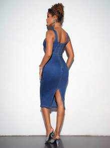 SHEIN BAE Summer Fashion Bustier Detail Open Slit Bodycon Denim Dress - Medium Wash - View 2