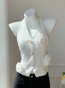 Comfortcana Women's Solid Color 3D Floral Decor Halter Neck Blouse - White - View 6