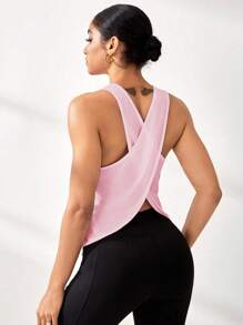 Easithlete 女士纯色交叉后背宽松瑜伽健身背心 - 淺粉色 - 查看 5