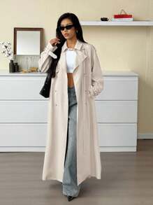SHEIN EZwear 大码休闲通勤纯色双排扣风衣 - 杏色 - 查看 4