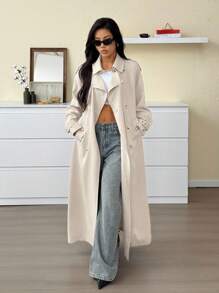 SHEIN EZwear 大码休闲通勤纯色双排扣风衣 - 杏色 - 查看 6
