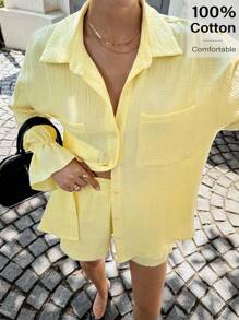 Siren Gaze Thời trang! Trang phục giáo viên dành cho nữ - Trang phục sân bay dành cho nữ 2025 Hàng mới về Áo sơ mi dài tay trễ vai màu trơn kèm quần short thường ngày 2 món dành cho nữ - Áo sơ mi vàng dành cho nữ, lý tưởng cho công việc, hàng ngày, đi làm, đi chơi - Phong cách quý tộc, phải có cho mùa thu và mùa hè - Màu vàng - Xem 5