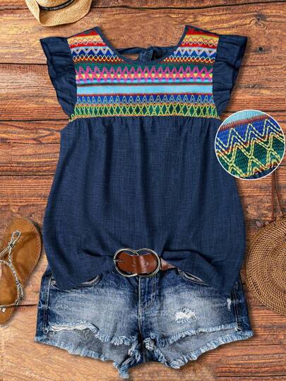 Plus Size Print Flutter Sleeve Bow Back Boho Round Neck Fashion Elegant Holiday Blouse