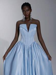 Elitara 优雅浪漫的浅蓝色和粉色 V 领露肩复古收腰女士正式晚礼服 - 淺藍色 - 查看 2