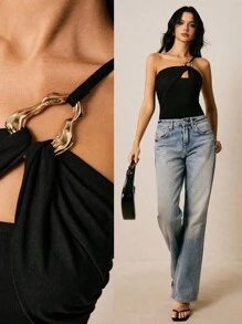 Poéselle 女式紧身衣金属扣装饰不对称设计单肩设计舒适修身黑色紧身衣女式金属装饰无袖纯色紧身衣，时尚乡村音乐会服装音乐会女装生日服装节日