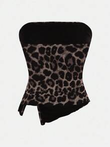 SHEIN Girlism 青少年女孩合身休闲简约舒适豹纹不对称下摆上衣 - 卡其色 - 查看 2