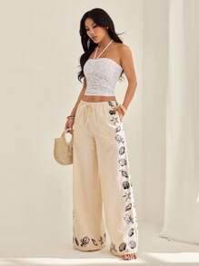 SHEIN PETITE 女士休闲假日贝壳和海星印花宽松裤