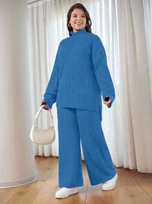 EURMUSE OLUS SIZE HIGH NECK CASUAL SWEATER CORDS - Baby Blue - View 3