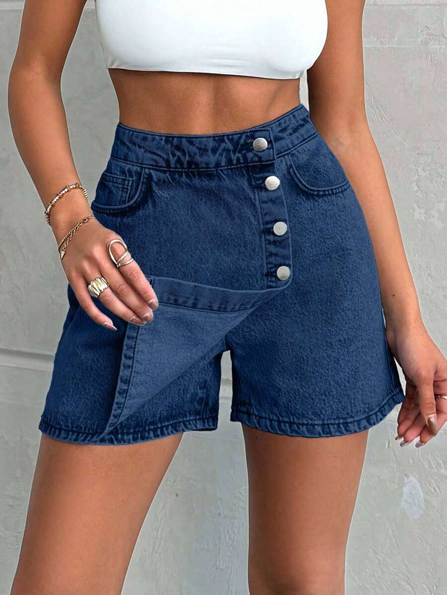 EURMUSE 100%纯棉轻洗纽扣细节短裙