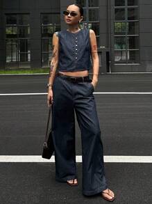 DAZY 2 piezas Conjunto casual de mujer con top sin mangas y pantalones anchos de mezclilla para uso al aire libre - Azul - Ver 3