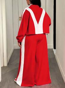 Slaydiva 2 sztuki/zestaw Plus Size Women 2025 Wiosna Jesień Swobodny Sportowy Strój Uliczny - Luźny Kontrastowy Kolor Patchwork Podzielony Hem Ściągacz Długi Rękaw Koszula Kołnierz Zamek Błyskawiczny Top I Ekstra Szerokie Nogawki Długie Spodnie, Tkanina Tkana - Czerwony i biały - Zobacz 2