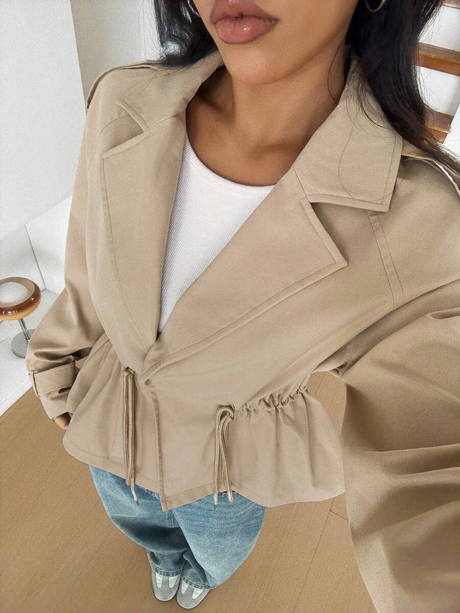 SHEIN EZwear Áo khoác Trench eo ngắn mới về mùa thu - Màu Khaki - Xem 1