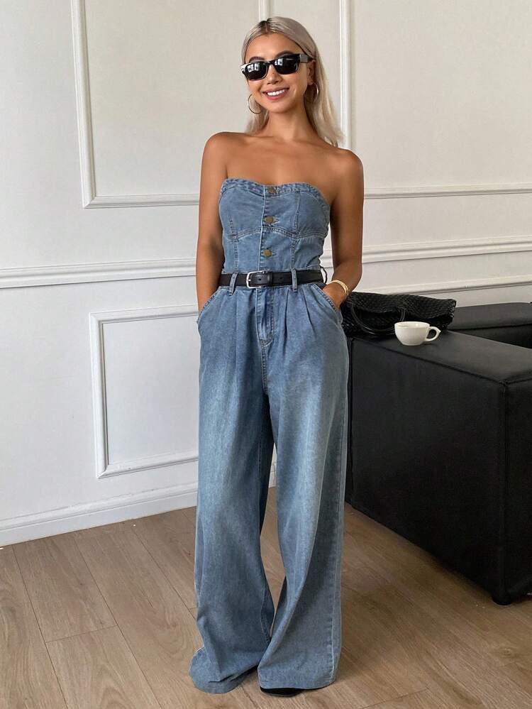 Western Cowgirl Distressed Washed Denim Bib Overall Jumpsuit With Pockets, Women's Casual Summer Denim Bib Pants And Jumpsuit