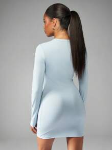 MISSGUIDED Bodycon Long Sleeve Mini Dress Elegant Form Fitting Club Party Evening Winter Fall Fashion Basic Essential Modern Minimalist Office Dress - Dusty Blue - View 2