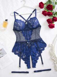 SHEIN Esselle 4件套加大码蕾丝内衣套装 - 藍色 - 查看 2