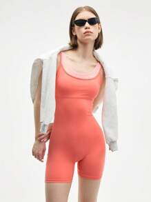 Easify SHEIN Sport Women's Pink And Coral Color Block Sports Jumpsuit, Sleeveless Bodysuit For Yoga And Fitness