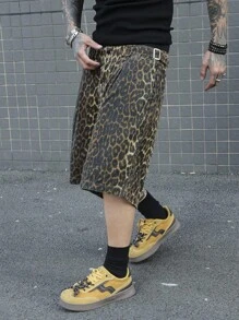 Manfinity EMRG Plus Size Men Leopard Print Waistband Adjustable Loose Wide Leg Denim Shorts Men Cheetah Shorts - Bronze - View 4