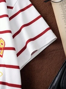 HARRY POTTER X SHEIN 青少年女孩复古运动学院休闲风格白色格兰芬多徽章条纹图案宽松 T 恤，适合夏季、学校和户外活动 - 白色 - 查看 5