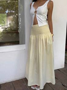 SHEIN EZwear Damen Urlaubs Raffung Taille gestreifte Volant Lässig gelber Rock