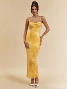 SHEIN BAE Đầm dài ôm vừa vặn họa tiết hoa gợi cảm in ren có dây mảnh dành cho nữ, thiết kế cổ điển, mùa hè - Màu vàng - Xem 4