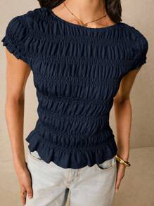 Poéselle 女士纯色褶饰修身休闲上衣，夏季 - 藏蓝色 - 查看 3