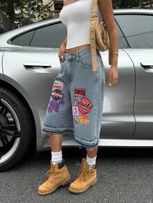 SHEIN ICON Quần short denim thêu họa tiết thường ngày cho nữ - Màu xanh lam - Xem 4