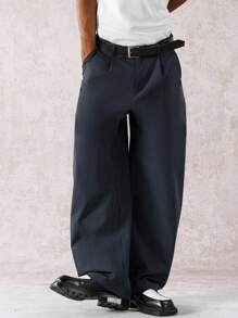 Manfinity Hypemode 男士纯色插袋褶皱宽松西装裤，秋季 - 藏蓝色 - 查看 7