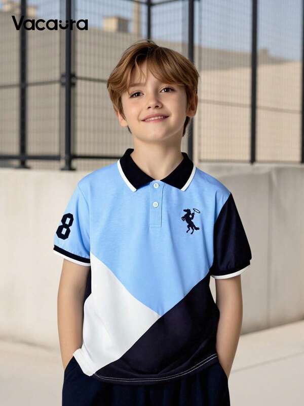 SHEIN Tween Boy Summer Color Block Letter Embroidered Fashion Sports Short-Sleeved Polo Shirt