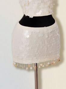 SHEIN ICON Bộ 2 món váy cưới hở vai đính sequin lấp lánh dự tiệc màu sâm panh thanh lịch và váy ngắn cạp thấp dành cho nữ - Màu be - Xem 10