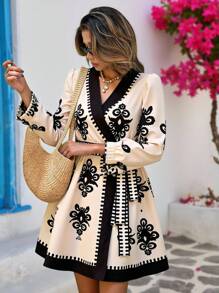 Vivid Eden 女式复古印花裹身迷你连衣裙，休闲假日风格 - 卡其色 - 查看 3