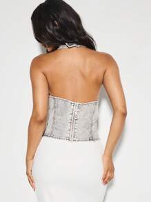KIZN Débardeur en jean corset ajusté avec lavage acide, style Y2K, pour festivals d'été, soirées en club, streetwear rétro - Gris - Voir 2