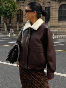 Livesso Women Fashionable Versatile Contrast Color Fuzzy Collar Jacket, Autumn/Winter Leather Jacket With Sherpa Collar - Brown - View 6